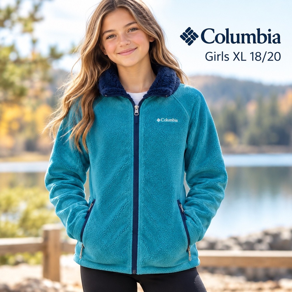 Columbia Dotswarm II Fleece Jacket Girls XL 18-20 Blue Omni-Heat Full Zip Winter